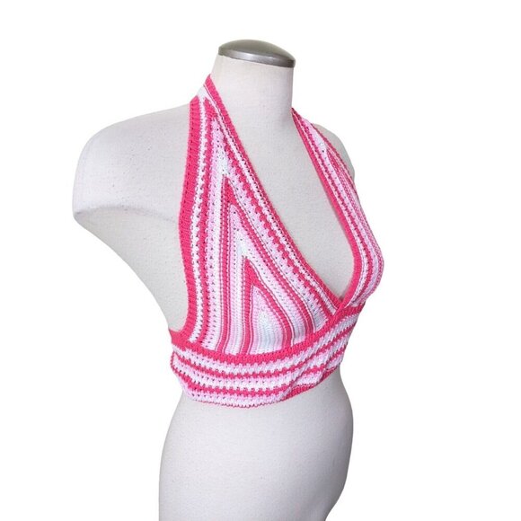 Vintage Crochet Halter Bralette Pink White Striped Handmade in Italy S/M - Picture 3 of 6